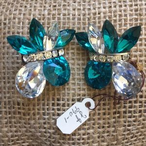 Emerald green & Crystal rhinestone clip ons